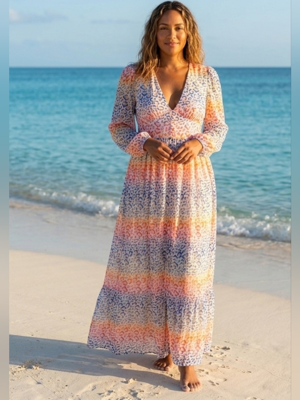 CBR WOMEN'S Beach Dress Multicolor Leopard Print  whit Shoulders Pad  . Size L.